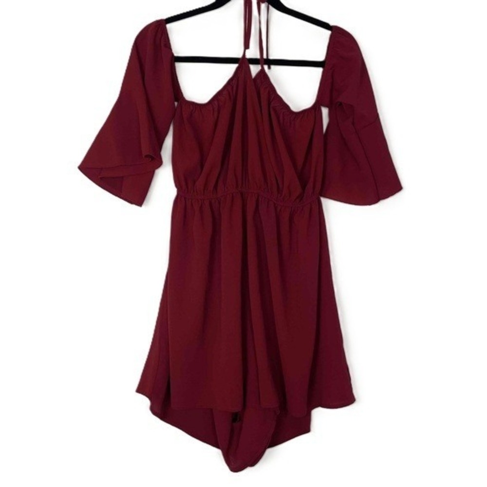 Womens Burgundy Bell Sleeves Cold Shoulder Halter Tomato Girl Romper‎ Large